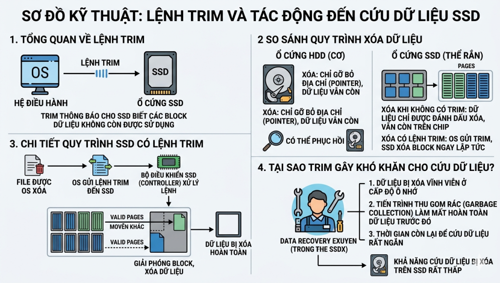 Sơ đồ giải thích lệnh TRIM và tại sao nó gây khó khăn cho việc cứu dữ liệu